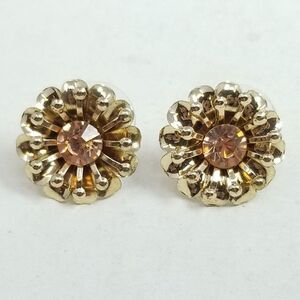 Vintage Gold Tone Flower Stud Earrings, Rhinestone Center, Floral, Simple